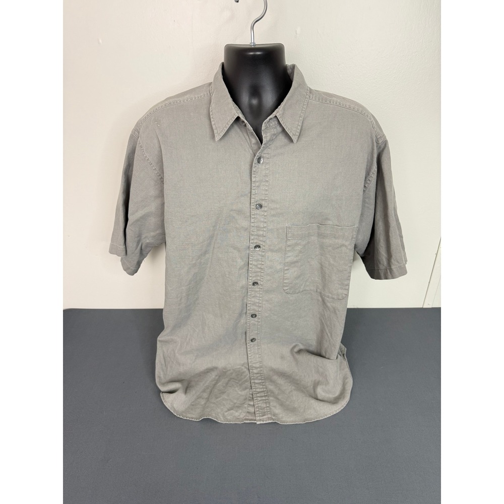 Gulf Traders Button Down Mens Med Gray Classic Linen Cotton Short Sleeve Shirt